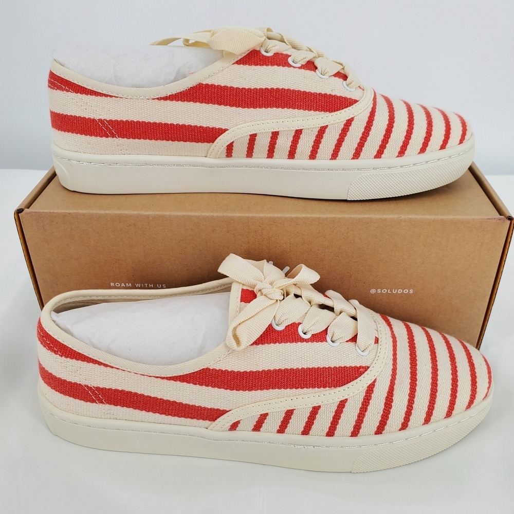 Soludos Marin Stripe Canvas Sneaker Womens 7.5 Poppy Red Cream Lace Up Round Toe